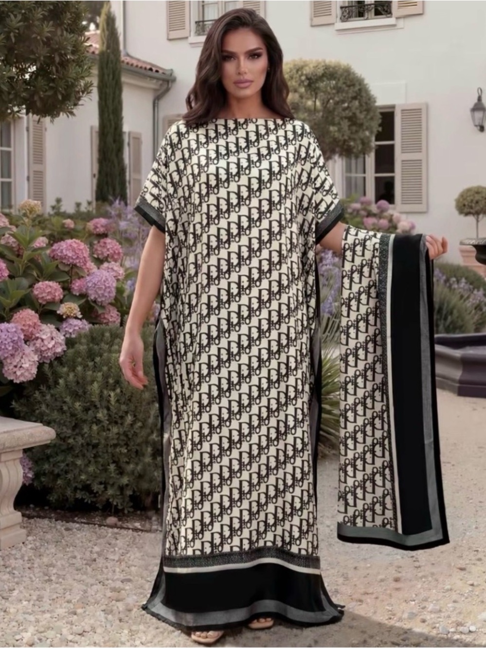Elegant Black & Cream Logo-Print Maxi Dress with Matching Scarf